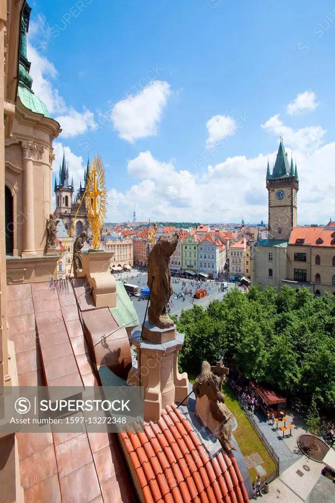 Czech Republic, Prague - Town Hall and Tyn Church at The Old Town Square