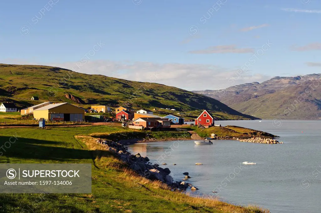 Greenland, Europe, south, Qassiarsuk, Brattahlid, place, shore, coast, scenery, houses, homes, bright, colours, golden hour, les