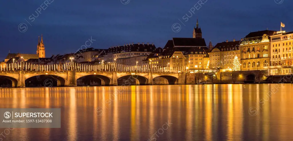 Rhine bridge with Christmas lighting in Basle