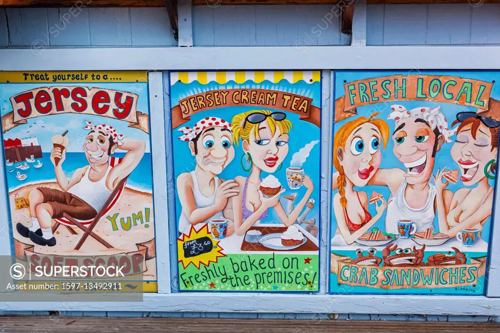 United Kingdom, Channel Islands, Jersey, Cafe Sign Advertising Ice-cream and Cream Tea and Crab Sandwiches