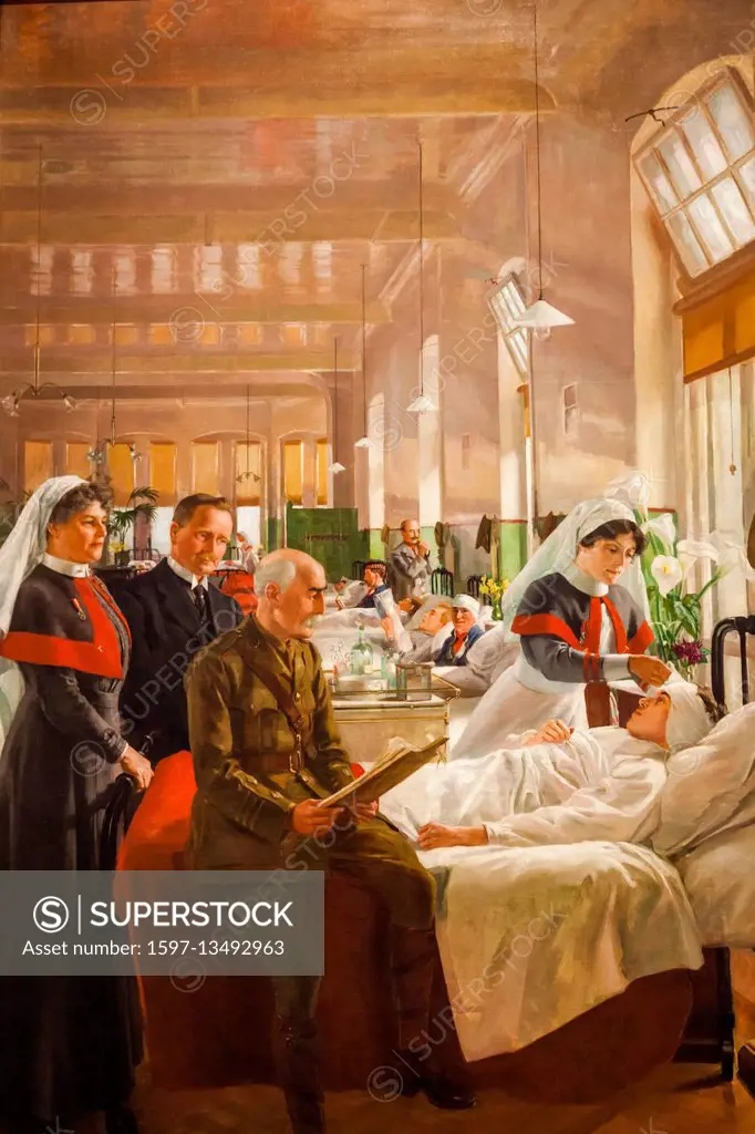 Wales, Cardiff, National Museum Cardiff, Painting showing Care of Wounded Soldiers at Cardiff Royal Infirmary by Margaret Lindsay Williams dated 1916