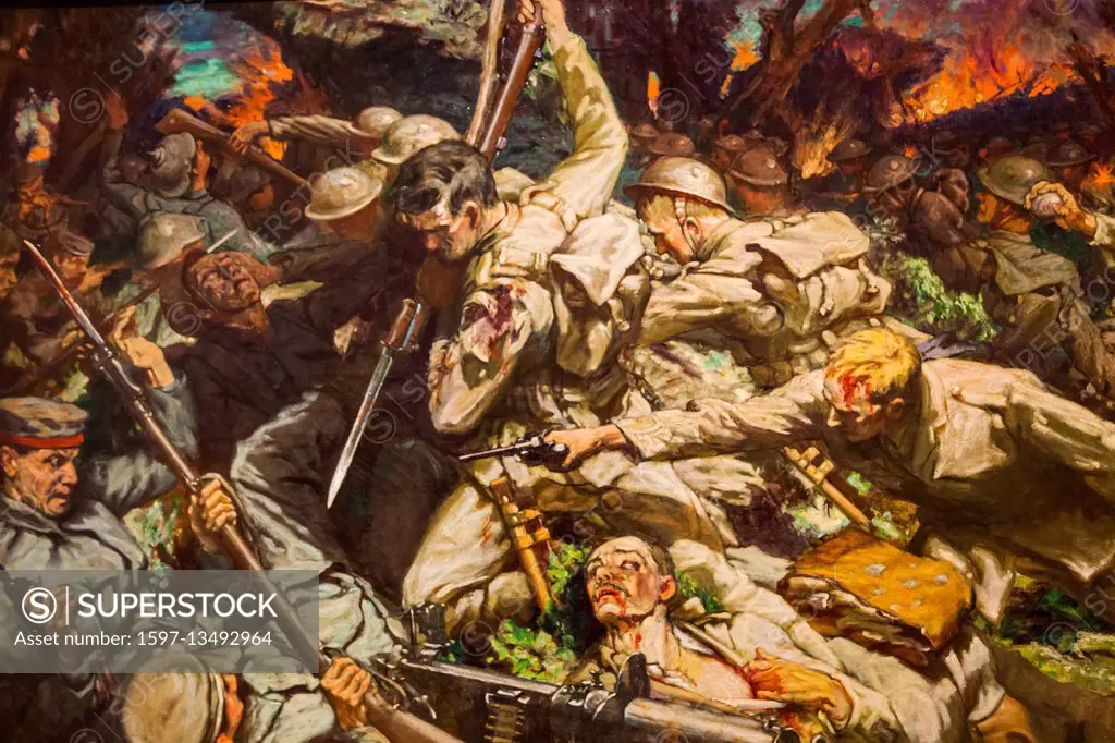 Wales, Cardiff, National Museum Cardiff, Painting showing The Charge of the Welsh Division at Mametz Wood by Christopher Williams dated 1917