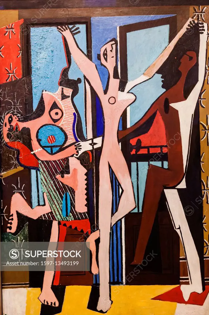 Painting titled The Three Dancers by Pablo Picasso