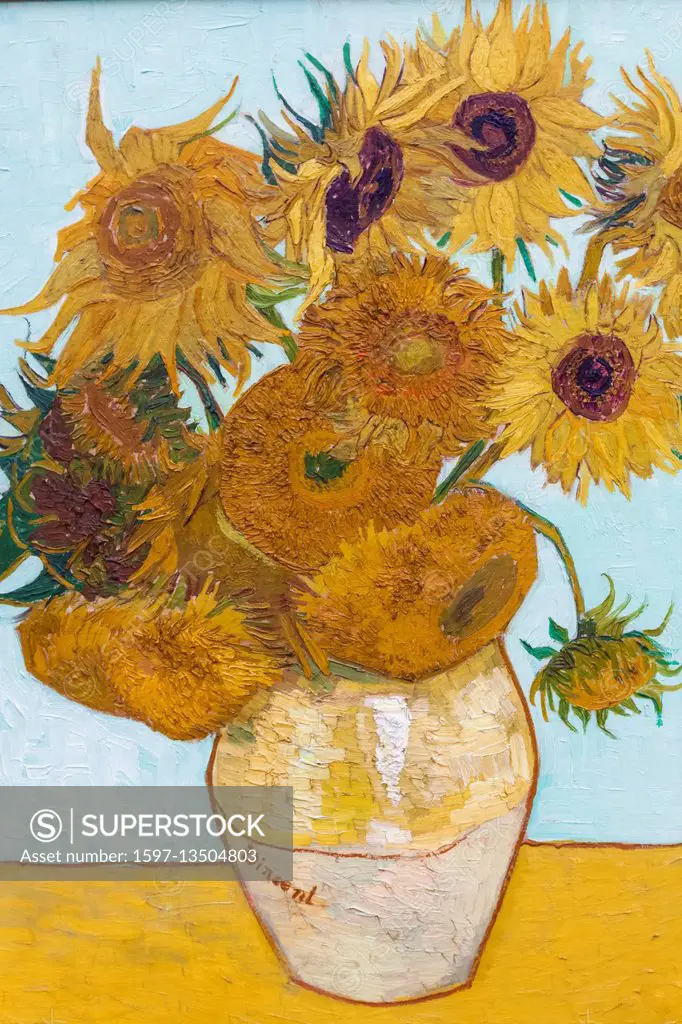 Germany, Bavaria, Munich, The New Pinakothek Museum (Neue Pinakothek), Painting titled Sunflowers (Sonnenblumen) by Vincent van Gogh dated 1888