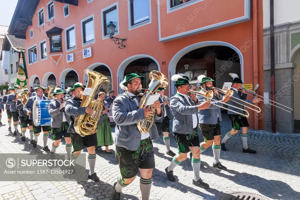 Germany, Bavaria, Garmisch-Partenkirchen, Bavarian Festival, Marching Band in Traditional Costume