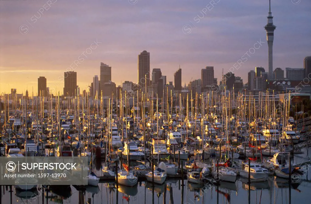 Auckland, boats, city, dusk, harbor, mood, New Zealand, north island, port, sail boats, skyline, town, twilight, Wes
