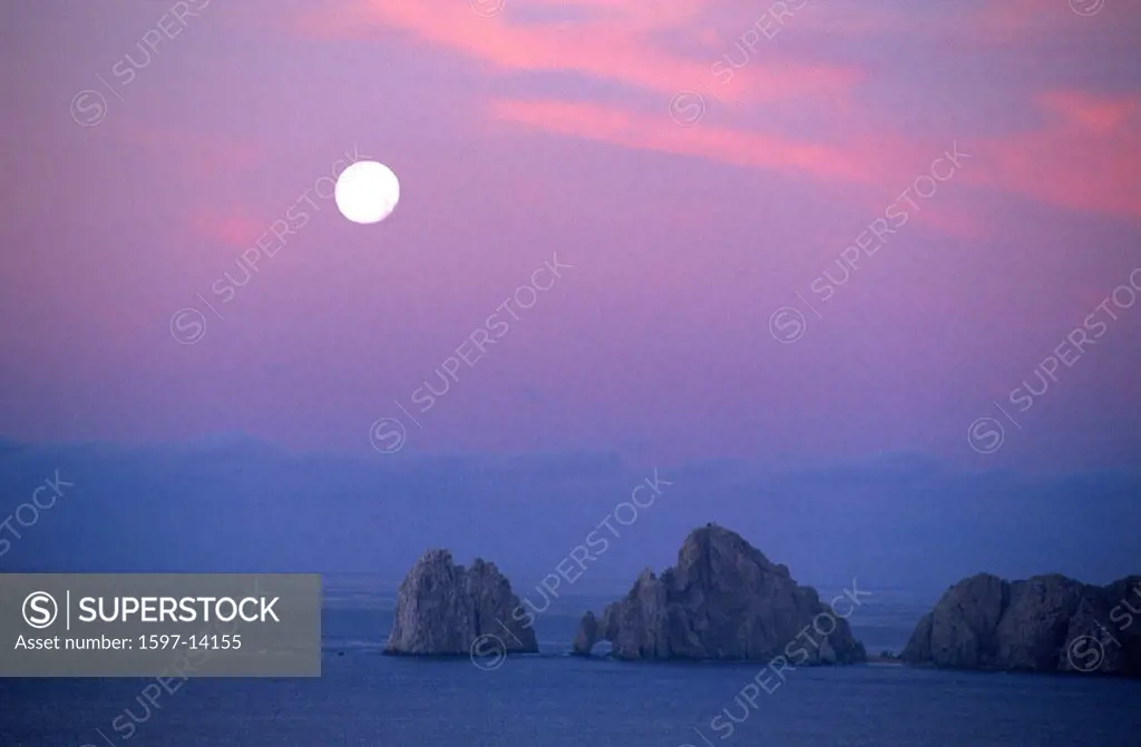 Baja California, Cabo San Lucas, Coast, dusk, El Arco, Mexico, Central America, America, mood, moon, rock, scenery,