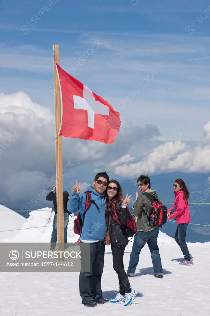 Mountain, mountains, canton Bern, Bernese Alps, Switzerland, Europe, Bernese Oberland, Jungfrau, Alps, glaciers, ice, Jungfraujoch, Japanese, flag, ba...