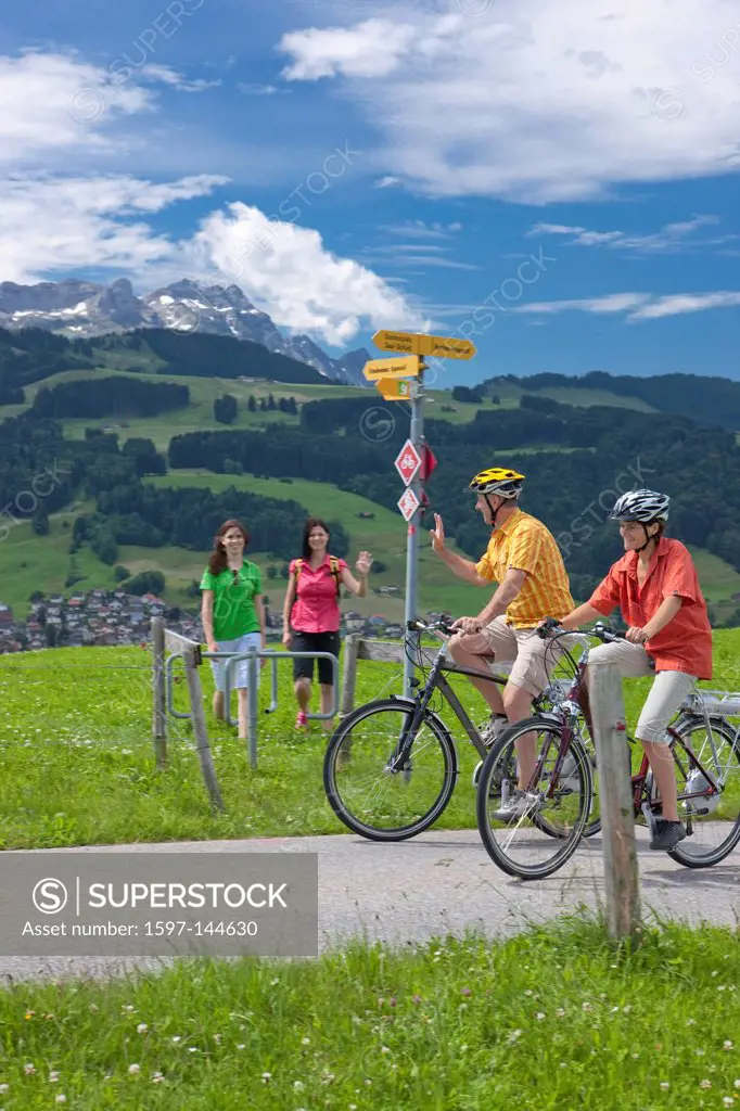 Appenzell, Appenzell Innerroden, Switzerland, Europe, Bicycle, bicycles, bike, riding a bicycle, riding a bike, bicycle, bike, footpath, signpost, rou...