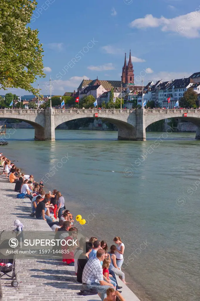 Bridge, river, flow, water, town, city, water, canton, Basel, Switzerland, Europe, town, city, Rhine shore, Rhine, people, bridge, Münster
