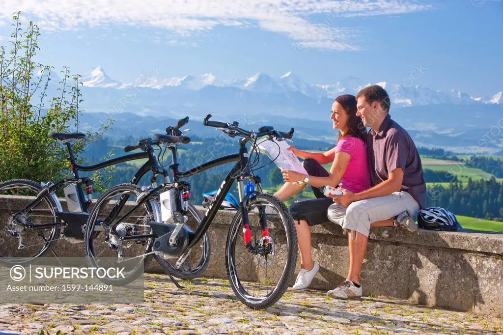 Mountain, mountains, canton Bern, Bernese Alps, Switzerland, Europe, Jungfrau, monk, Mönch, Eiger, scenery, Emmental, bicycle driver, Lueg, couple, Af...