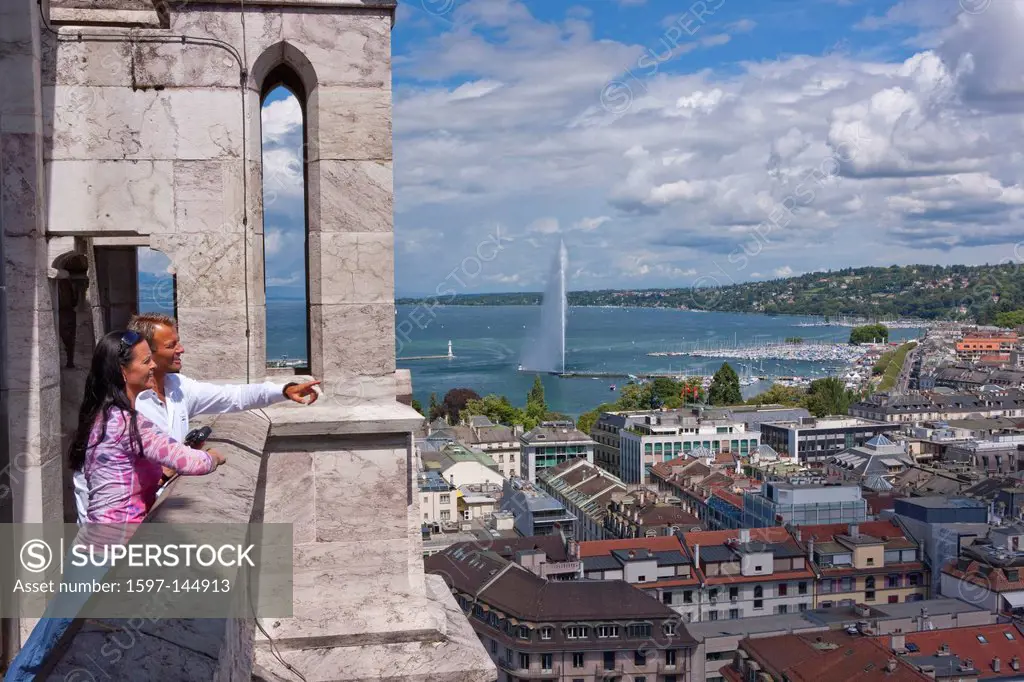 Lake, Lake Geneva, canton, Geneva, Switzerland, Europe, town, city, water, town, city, cathedral, St. Pierre, Jet d´Eau, fountain, Lake Geneva