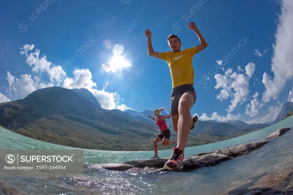 Lake, canton, Graubünden, Grisons, Switzerland, Europe, Engadin, Engadine, Upper Engadine, sport, spare time, leisure, adventure, training, Stretching...