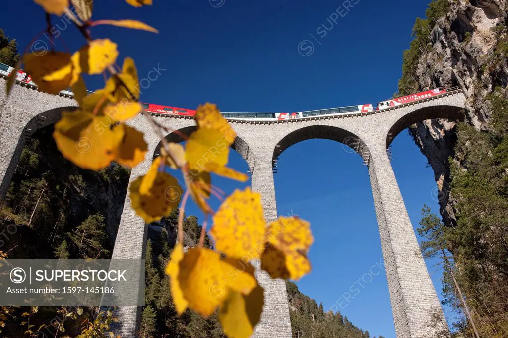 Autumn, tree, trees, canton, Graubünden, Grisons, Switzerland, Europe, Albula, road, railway, train, railroad, bridge, Glacier express, RHB, Landwasse...