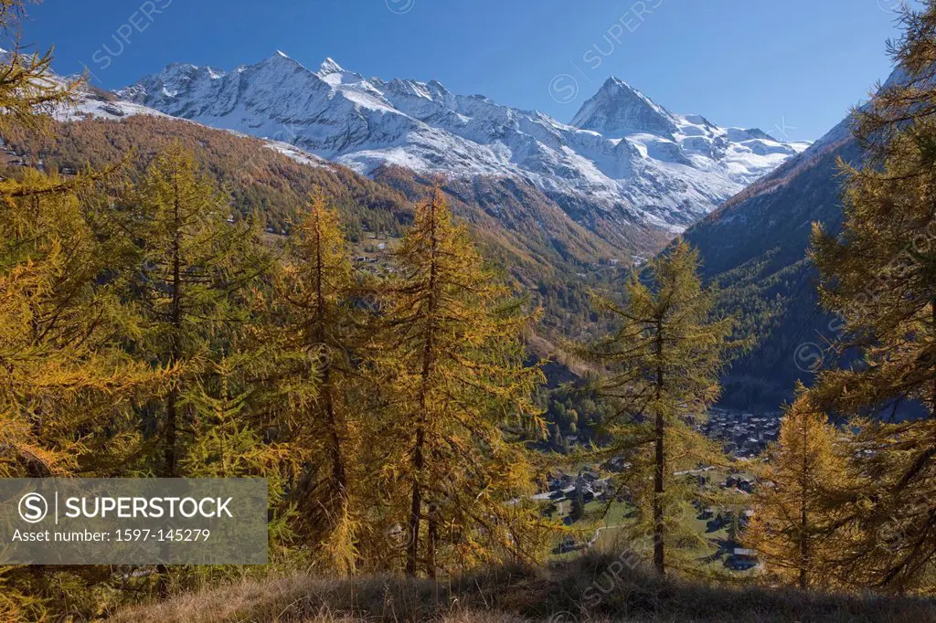 Mountain, mountains, autumn, Valais, Wallis, Switzerland, Europe, larches, village, Les Hauderes, Dent Blanche, Val d´Herence, larches