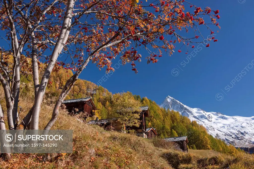Mountain, mountains, autumn, Valais, Wallis, Switzerland, Europe, village, hut, alp hut, La Forclaz, Dent Blanche, Val d´Herence
