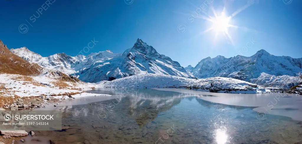 Mountain, mountains, autumn, Valais, Wallis, Besso, Val d´Anniviers, larches, Zinal, lake, mountain lake, Dent Blanche, panorama, sun