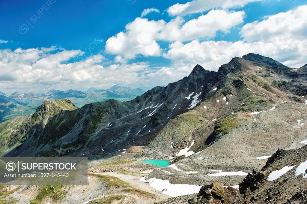 Alpen, mountain lake, blue, Engadine, Upper Engadine, mountains, mountain range, mountainscape, mountain scenery, mountainous region, boulders, coarse...
