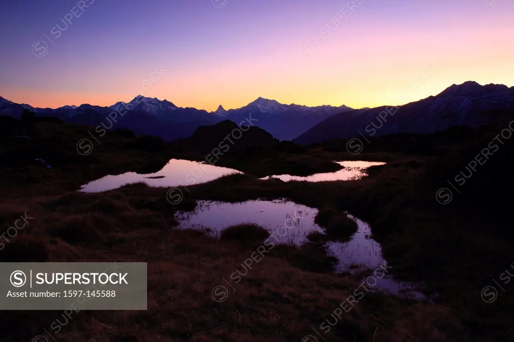 Evening, evening sky, Aletsch area, view, Hohfluh, cathedral, dome, sky, horizon, skyline, Matterhorn, mountain, Mischabelgruppe, night, night sky, Un...