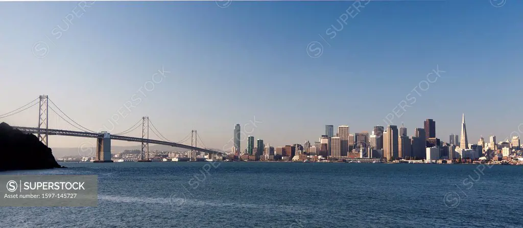 USA, United States, America, California, San Francisco, City, Bay Bridge, Downtown, from Treasure Island, bay, blue, bridge, morning, panorama, skylin...