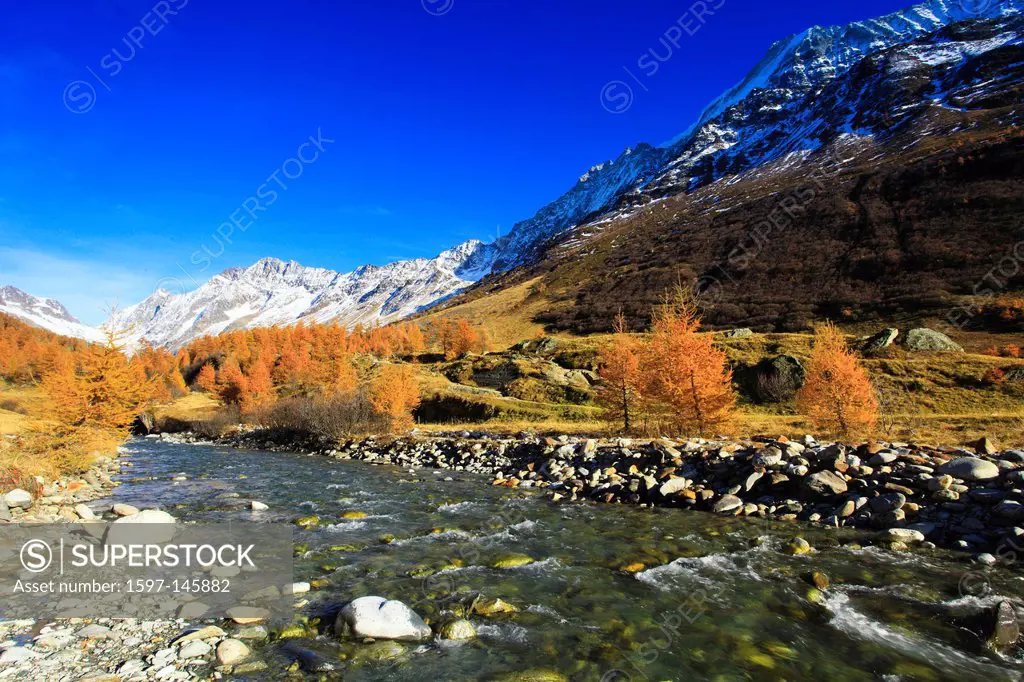 View, Lötschenlücke, Fafleralp, riverbed, autumn, colors, Lonza, river, flow, larch, larches, larch wood, Lötschenlücke, Lötschental, sunshine, valley...