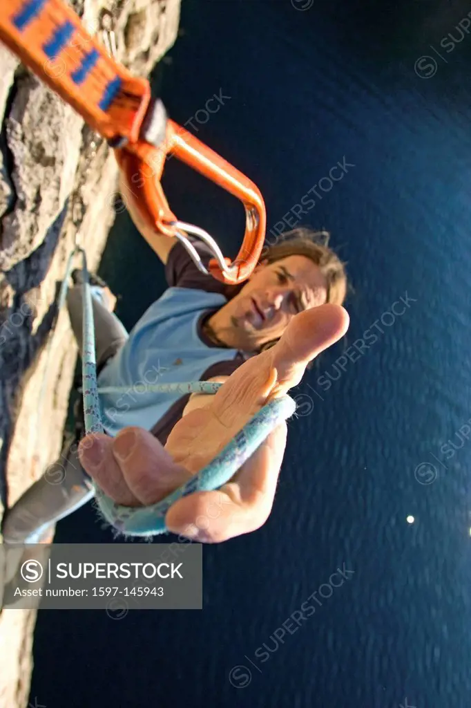 Climber, rope, carbine, snap hook, perspective, climbing, boulder, extreme climbing, risk, lake Garda, sport, protection, backup, rope, carbine, snap ...
