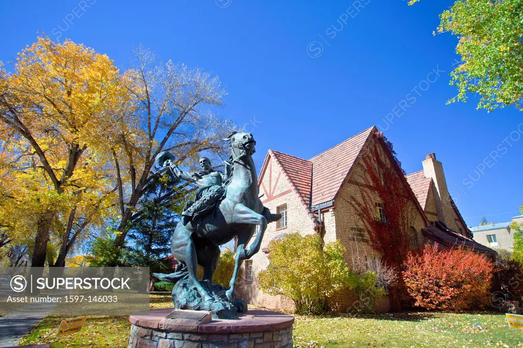 USA, United States, America, Wyoming, Laramie, City, downtown area, Autumn, blue, bronze, clear, downtown, horse, monument, sculpture