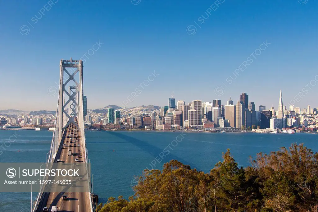 USA, United States, America, California, San Francisco, City, Bay Bridge, architecture, bay, blue, bridge, downtown, morning, rush, skyline, traffic,