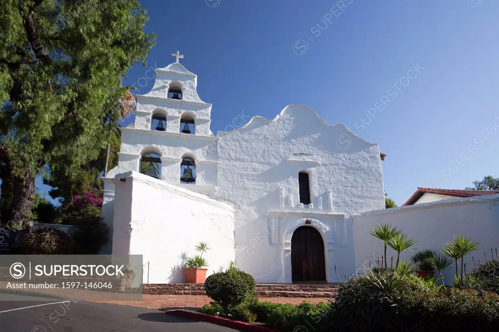 USA, United States, America, California, San Diego, City, Old Mission, Alcala, beautiful, belfry, cactus, California, catholic, church, colonial, conq...