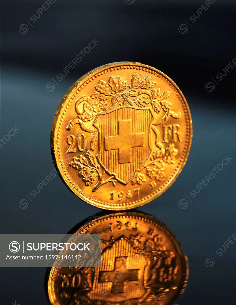 Gold, bank, valuable, value, enclosure, Goldvreneli, brilliant, Switzerland, value, coin, golden coin, save, secure