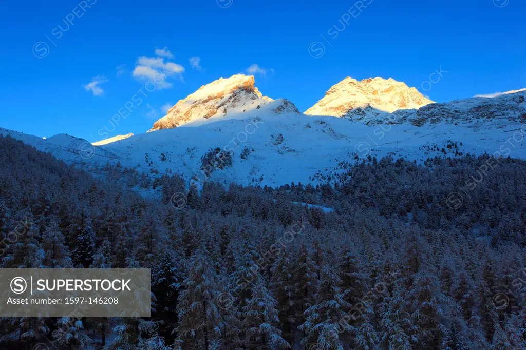 Arolla, Arolla valley, Arollatal, mountains, view, Eringer valley, larch, larches, fresh, snowfall, snow, blizzard, valley, Valais, Switzerland, Europ...