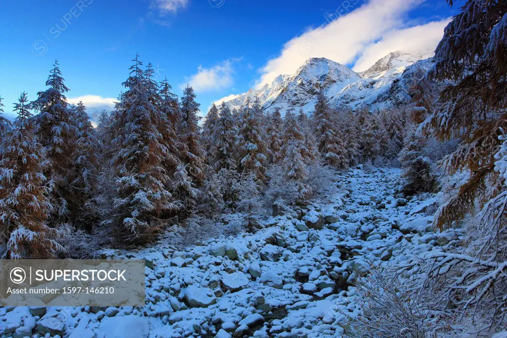 Arolla, Arolla valley, Arollatal, mountains, view, Eringer valley, larch, larches, fresh, snowfall, snow, blizzard, valley, Valais, Switzerland, Europ...
