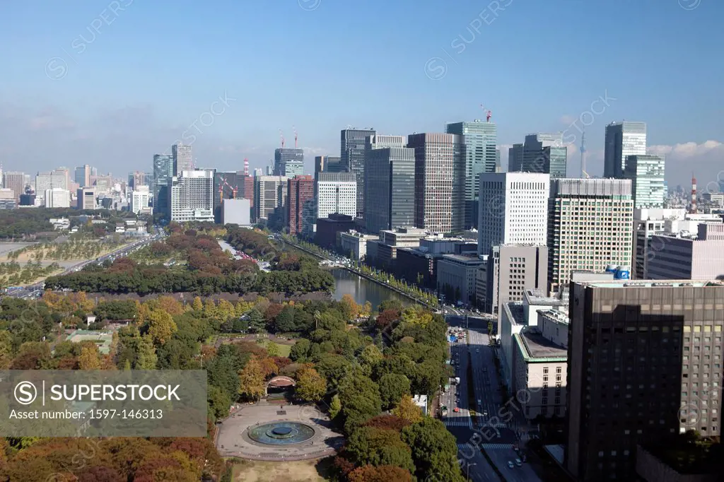 Japan, Asia, Tokyo, city, Hibya Park, Marunouchi, Skyline, Sky, Tree Tower, architecture, blue, central, city, dense, downtown, financial, imperial, p...