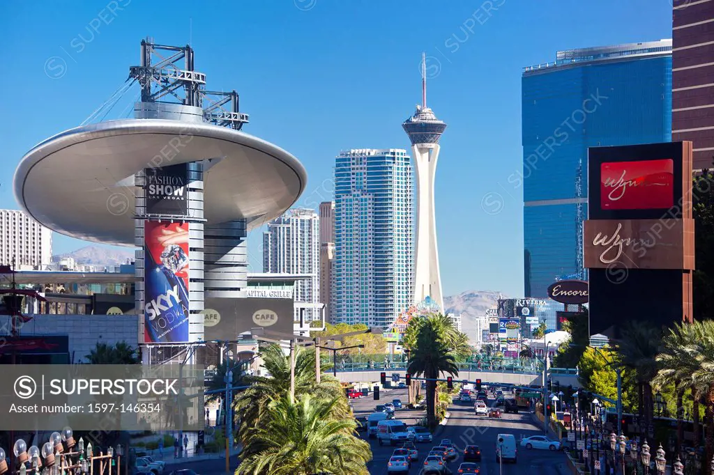 USA, United States, America, Nevada, Las Vegas, City, Strip, Avenue, Stratosphere Tower, architecture, busy, cars, casinos, center, colourful, famous,...