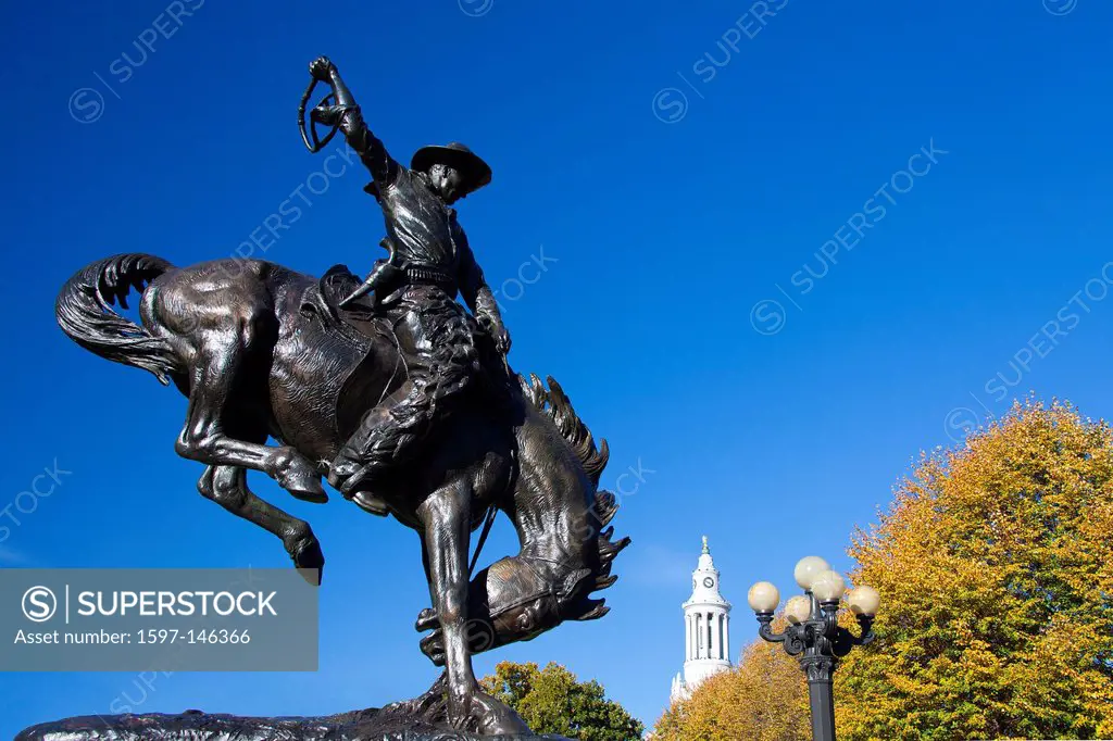 USA, United States, America, Colorado, Denver, City, Civic Center Park, Bronco Buster, Statue, blue, bronze, clear, famous, horse, monument, rodeo, sc...