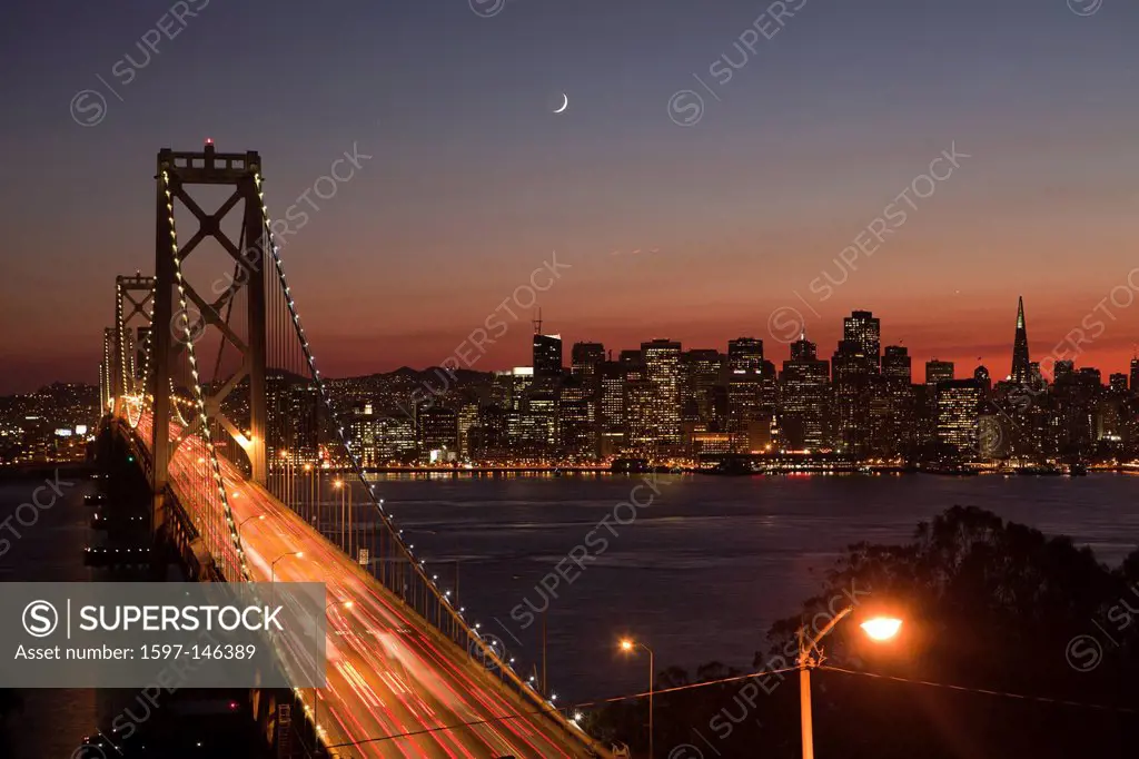 USA, United States, America, California, San Francisco, City, Bay Bridge, bay bridge, bridge, busy, cars, moon, red, skyline, steel, sunset, traffic, ...