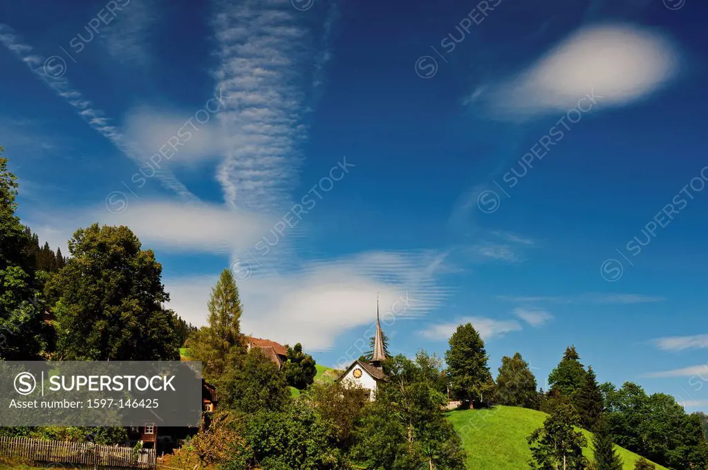 village, mountain village, blue, sky_blue, sky blue, azure, Christianity, protestant, Emmental, föhn, foehn, foehn sky, chinook wind, sky, canton Bern...