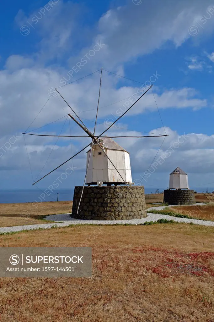Europe, Portugal, Porto Santo, Miradouro da Portela, windmills, architecture, mountains, sky, clouds, Historically, scenery, sea, mills, museum, plant...