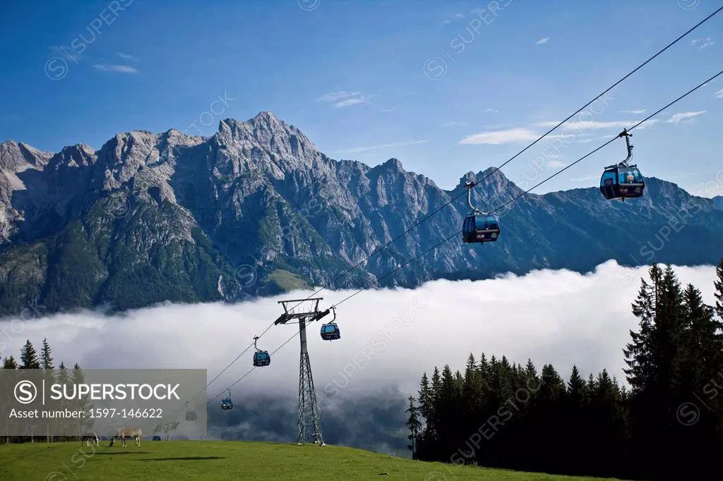 Morning, mood, Alpine, grassland, meadow, Leogang, Salzburg country, fog, horses, alp scenery, cable railway, Austria,