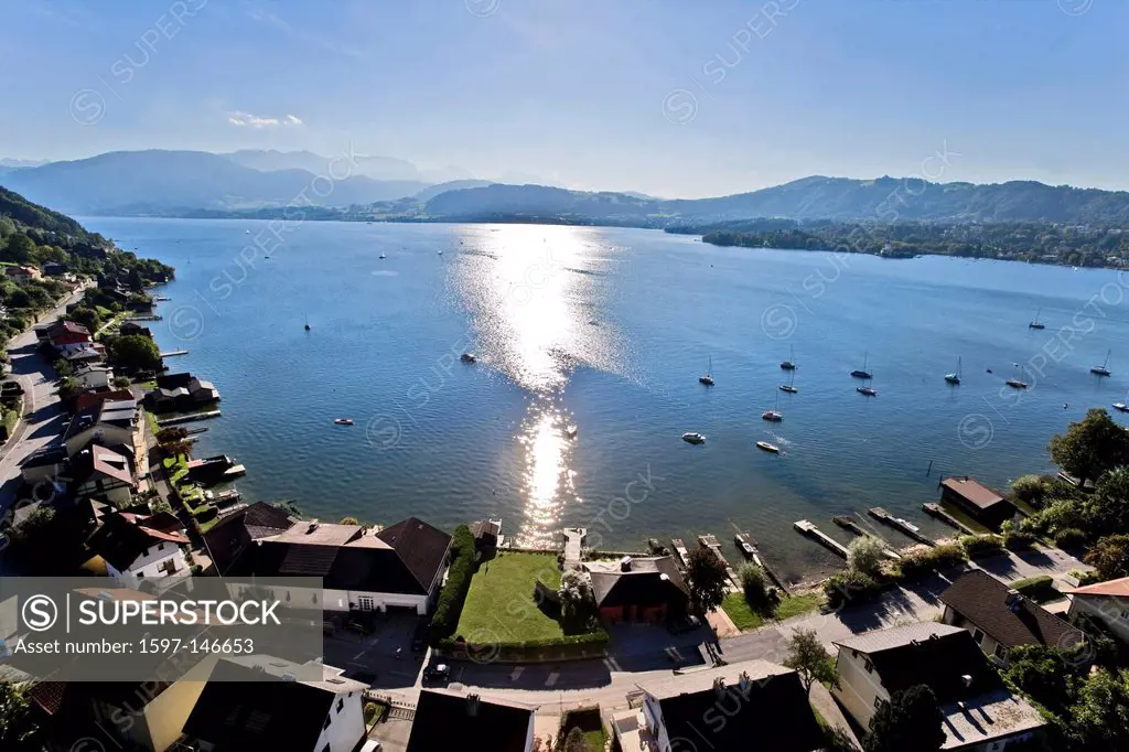 Traunsee, lake, sunrays, houses, homes, lake, shore, summer, lake, Gmunden, Upper Austria,