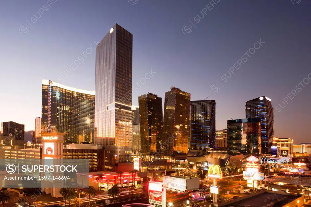 USA, United States, America, Nevada, Las Vegas, City, Strip, Avenue, Sunset, architecture, lean, busy, cars, casinos, center, colourful, famous, incli...