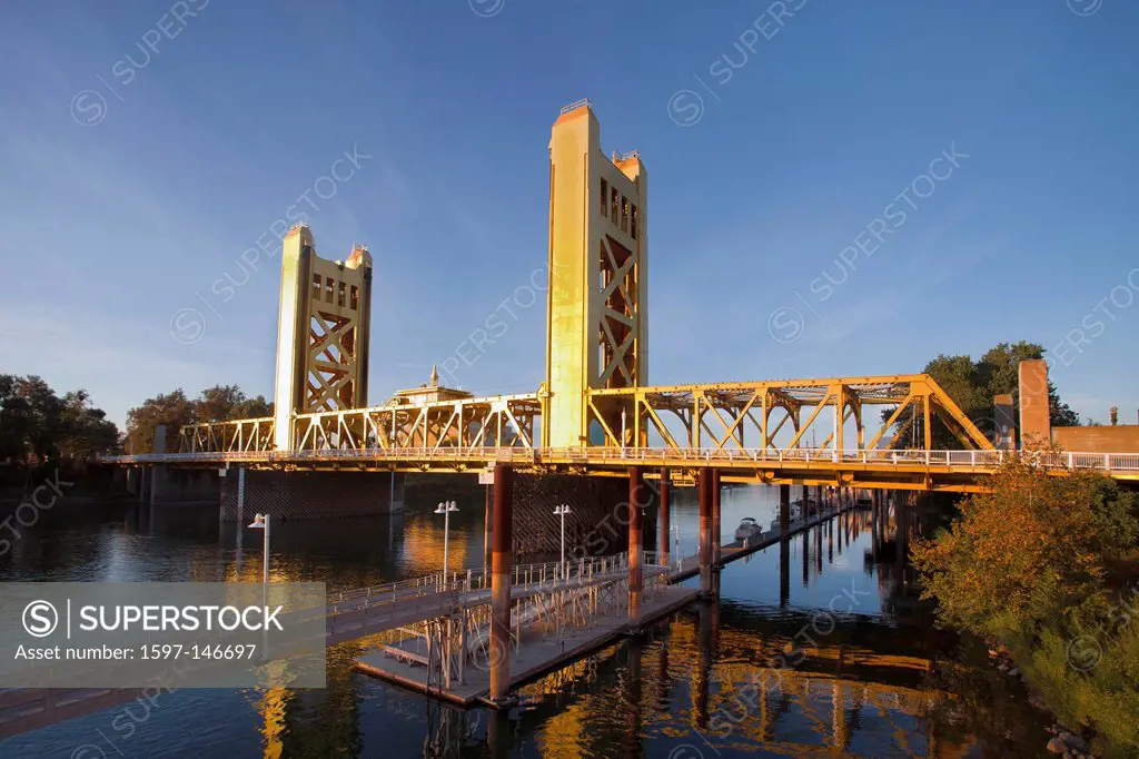 USA, United States, America, California, Sacramento, City, Tower Bridge, bridge, famous, maze, old, river, riverfront, steel, sunset, tower, traffic, ...