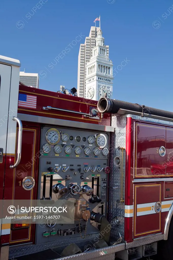 USA, United States, America, California, San Francisco, City, Fire fighters, equipment, display, downtown, fire, fireman, instruments, red, truck
