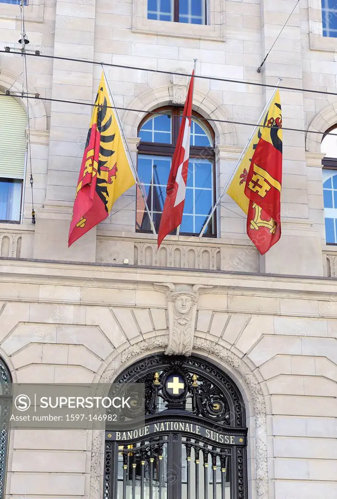 Switzerland, Geneva, Qaurtier des Banque, National Bank, flag, finance, bank