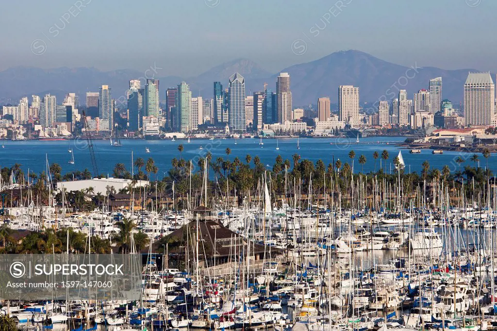 USA, United States, America, California, San Diego, City, Shelter Island, downtown, architecture, bay, boats, downtown, marina, palm trees, skyline, s...