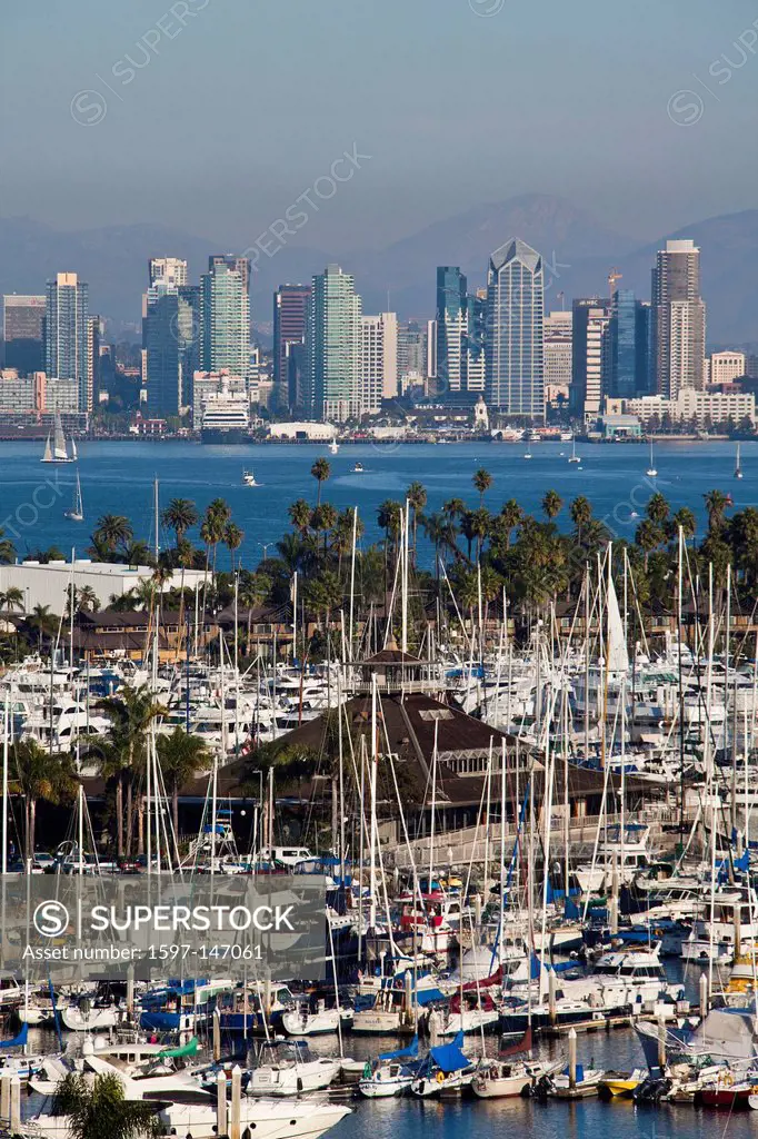 USA, United States, America, California, San Diego, City, Shelter Island, downtown, architecture, bay, boats, downtown, marina, palm trees, skyline, s...