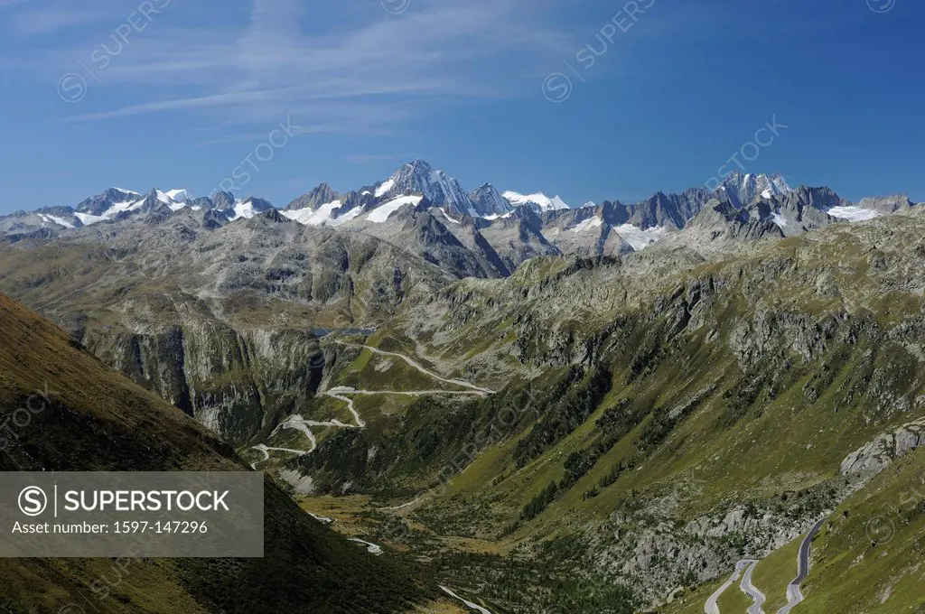 Furka, pass, Rhone valley, Grimsel pass, Bernes Obeland, Finsteraarhorn, Schreckhorn, Swiss, Alps, Canton, Valais, Switzerland