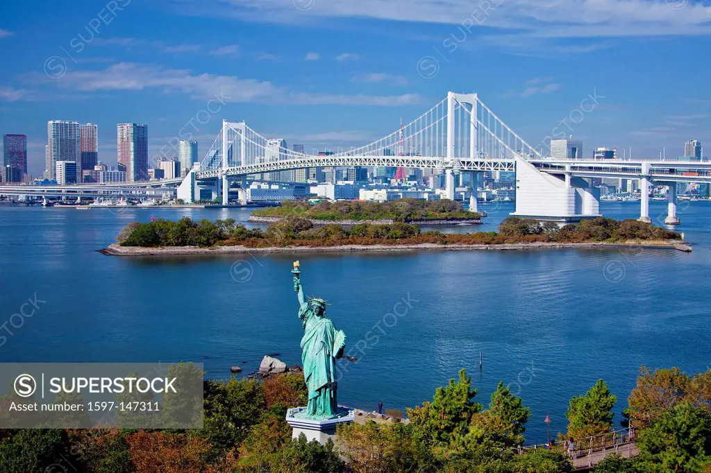 Japan, Asia, Tokyo, city, Odaiba, District, Statue of Liberty, Rainbow Bridge, bay, blue, bridge, clear, famous, flame, freedom, green, historic, libe...