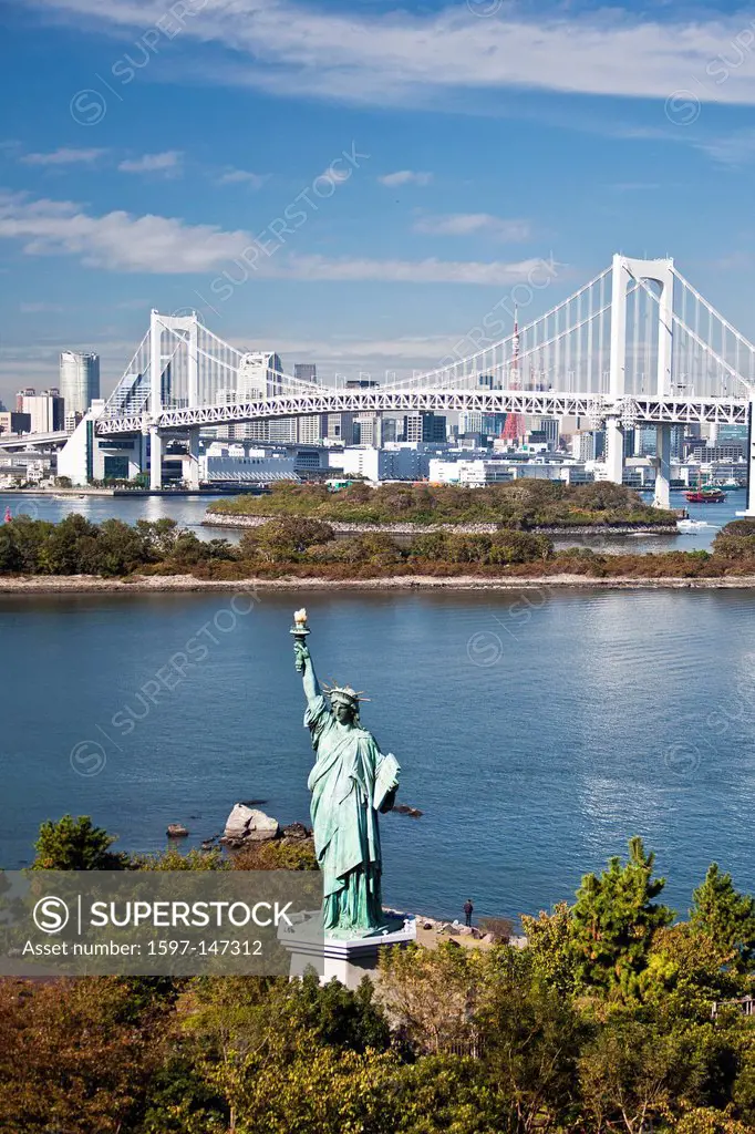 Japan, Asia, Tokyo, city, Odaiba, District, Statue of Liberty, Rainbow Bridge, bay, blue, bridge, clear, famous, flame, freedom, green, historic, libe...