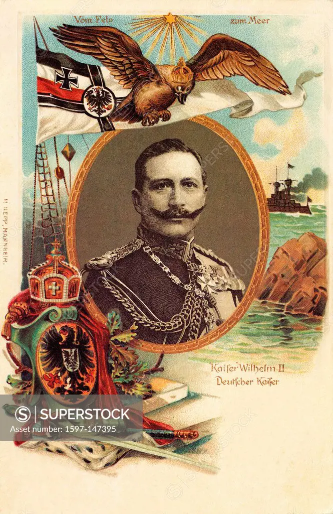 Kaiser, Kaiser Wilhelm II, Wilhelm, 1., Propaganda, postcard, navy, flag, eagle, sword, crown, warship, World War I, War, World War, Europe, 1914_1918...